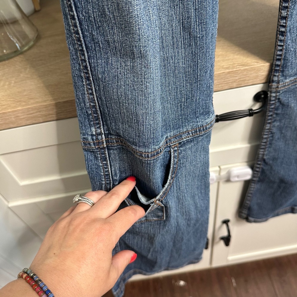 Vintage Y2K Karl Kani Flare Jeans Womens 28 Blue Knee Pocket Utility Streetwear - Picture 5 of 16